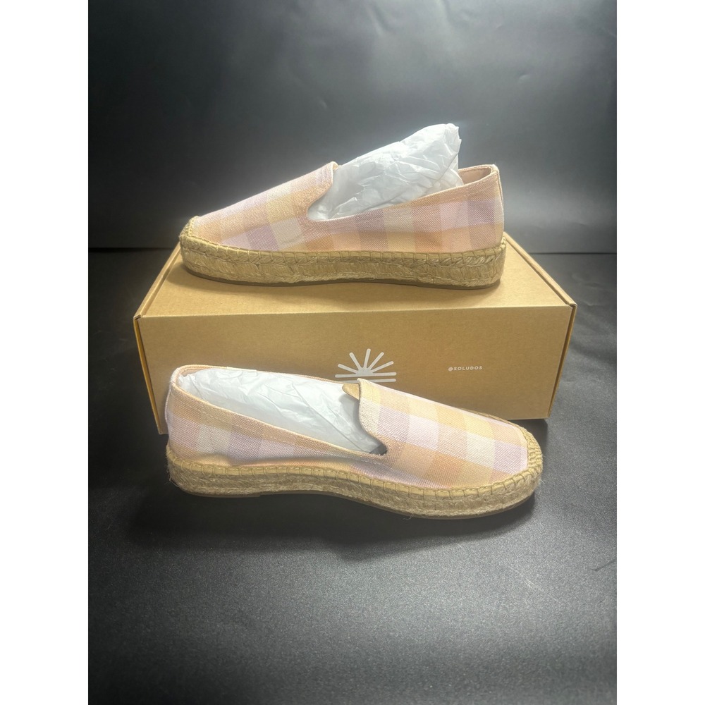 Soludos‎ Platform Smoking Slipper Coral Madras Pink Orange Plaid Espadrille 7.5